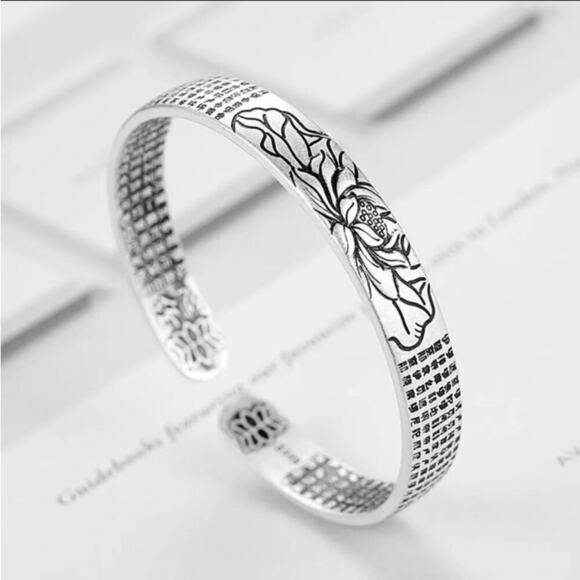 Sterling Silver Lotus Flower Bracelet Bangle Cuff Flower 925 Stamped - Picture 4 of 7